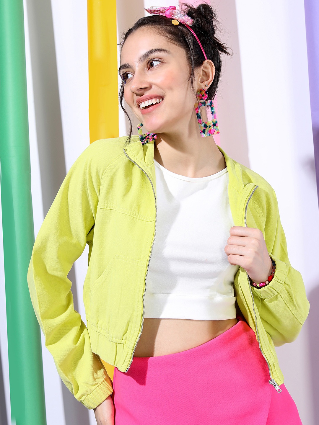 

Tokyo Talkies Women Solid Bomber Jacket, Green
