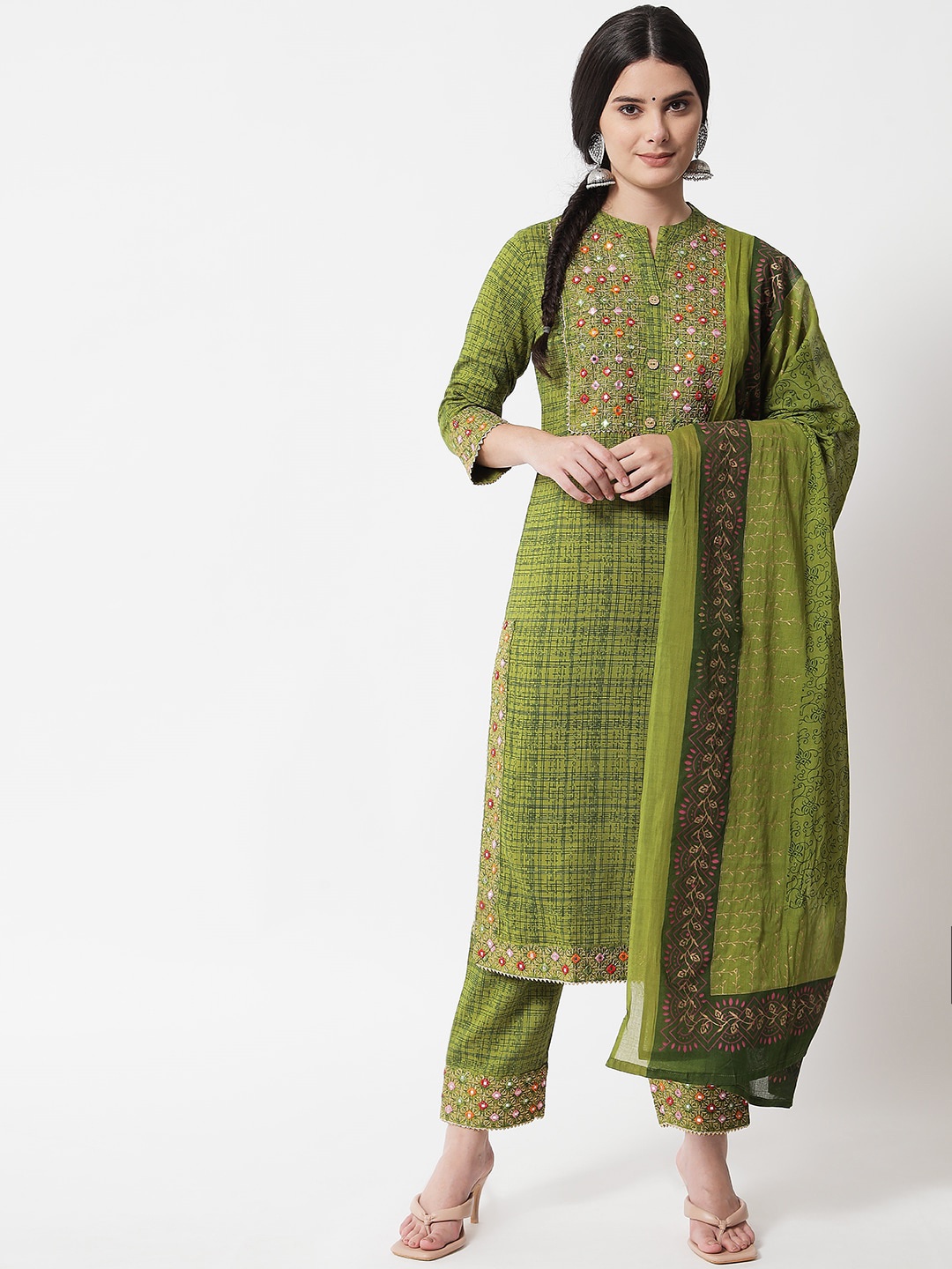 

IkDaiya Women Green Ethnic Motifs Mirror Work Kurta with Trousers & With Dupatta