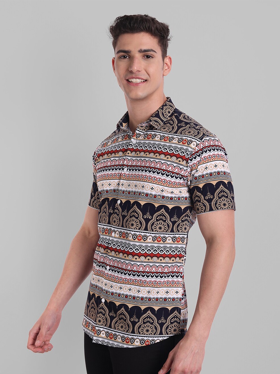 

Majestic Man Men Beige Slim Fit Printed Casual Shirt