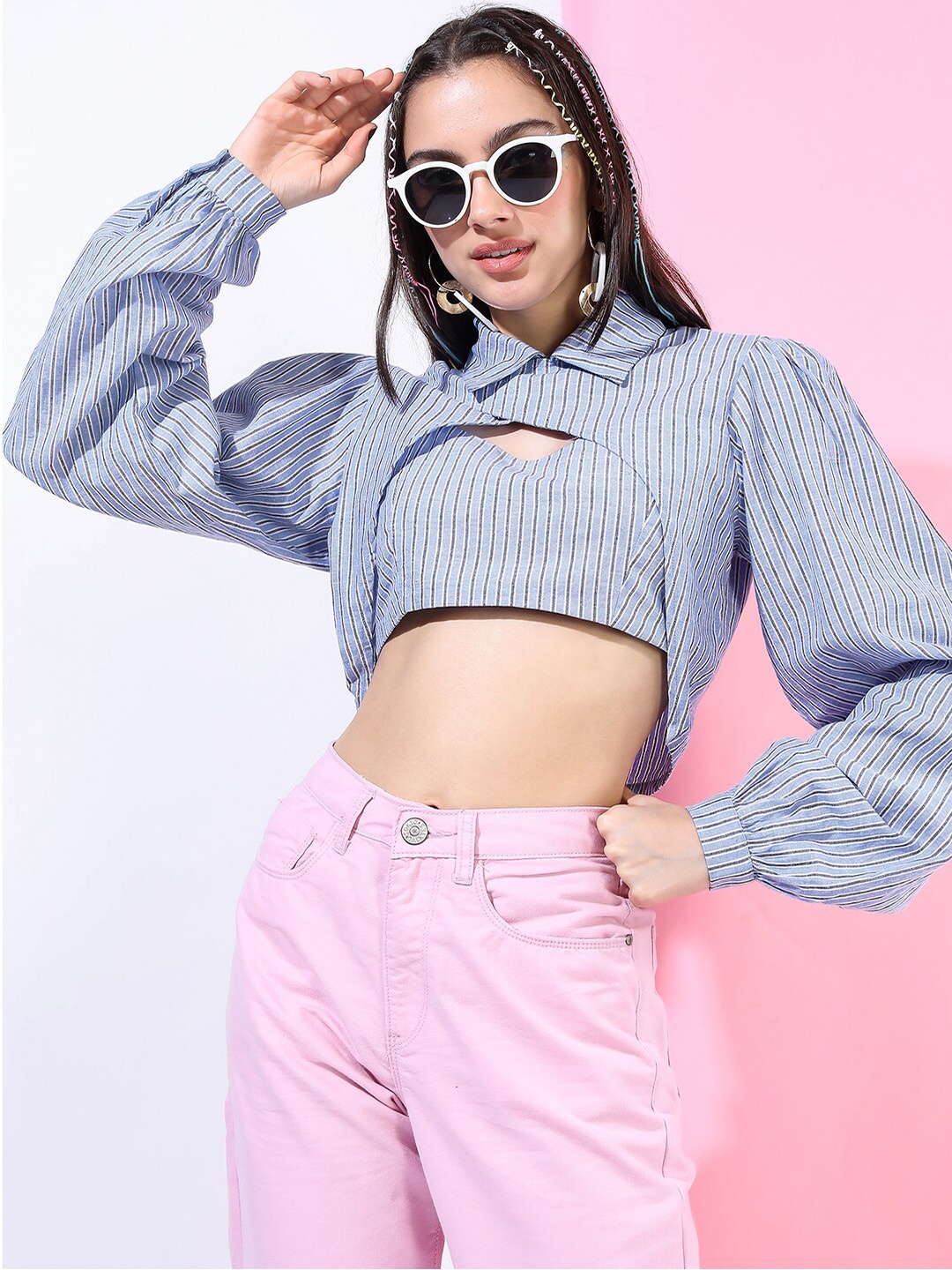 

Tokyo Talkies Blue Striped Shirt Style Crop Top With Inner