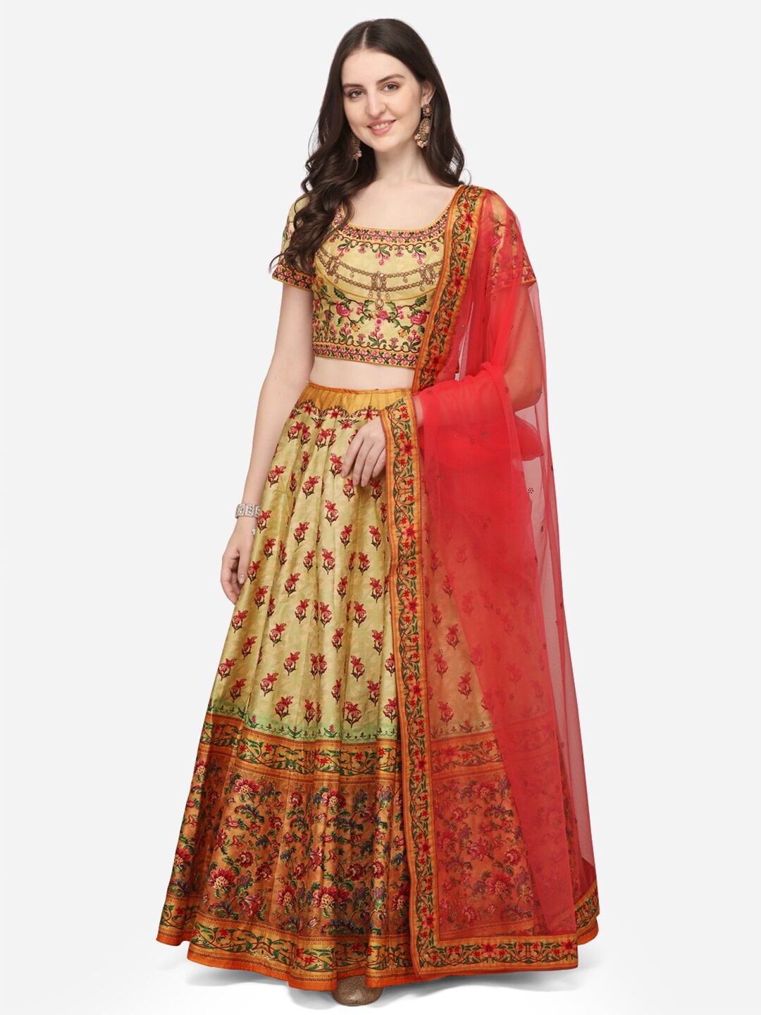 

SAPTRANGI Yellow & Green Embroidered Thread Work Semi-Stitched Lehenga & Unstitched Blouse With Dupatta