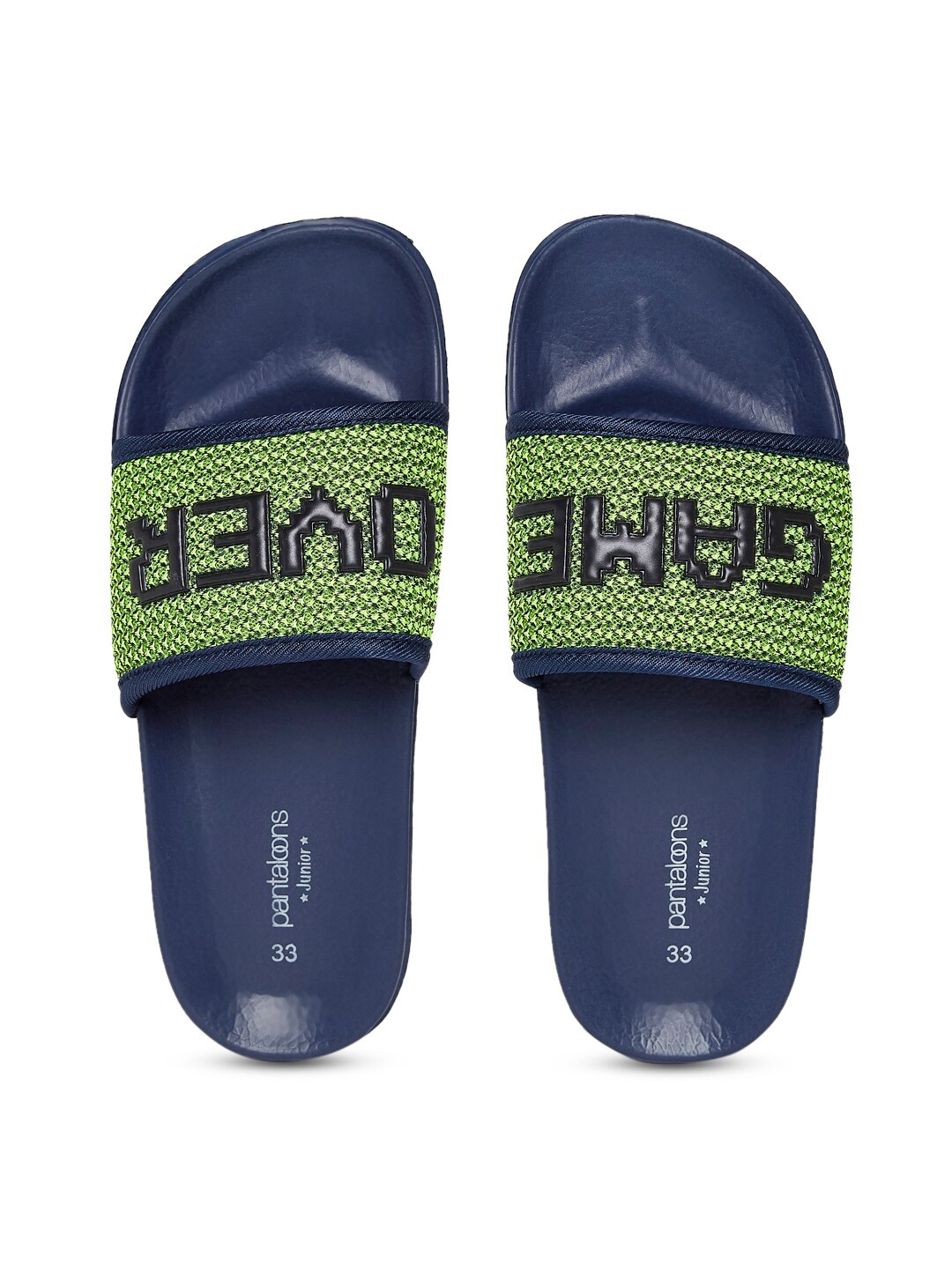 

Pantaloons Junior Boys Lime Green & Navy Blue Printed Rubber Sliders