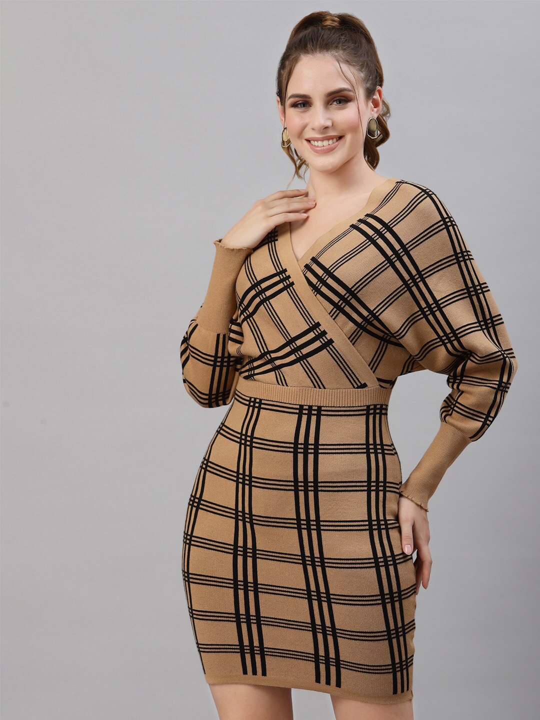 

Mafadeny Khaki & Black Checked Sheath Mini Dress