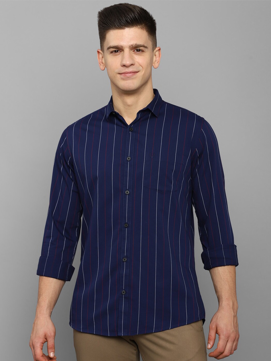 

Allen Solly Men's Navy Blue Slim Fit Striped Casual Shirt