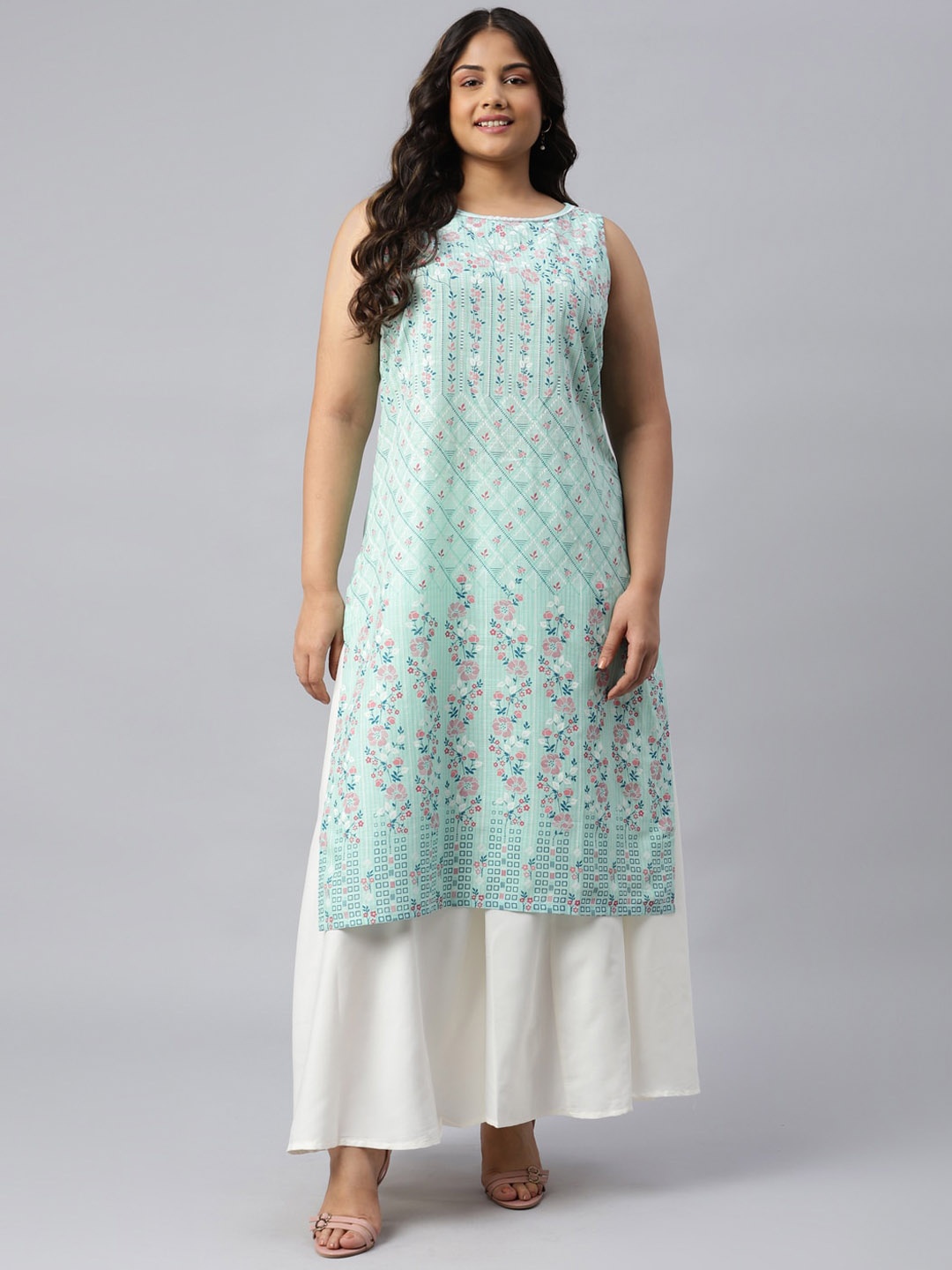 

AURELIA Women Blue & Pink Ethnic Motifs Printed Sleeveless Kurta