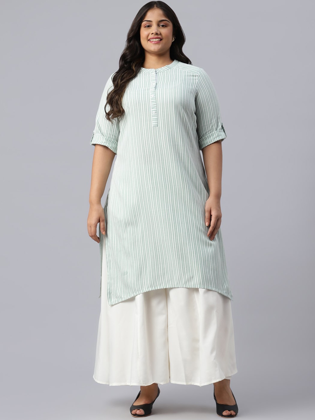 

AURELIA Women Green Striped Thread Work Kurta