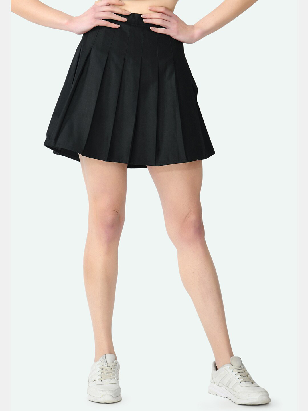 

Klart Pleated Mini Solid High Waist Skort with attached shorts, Black