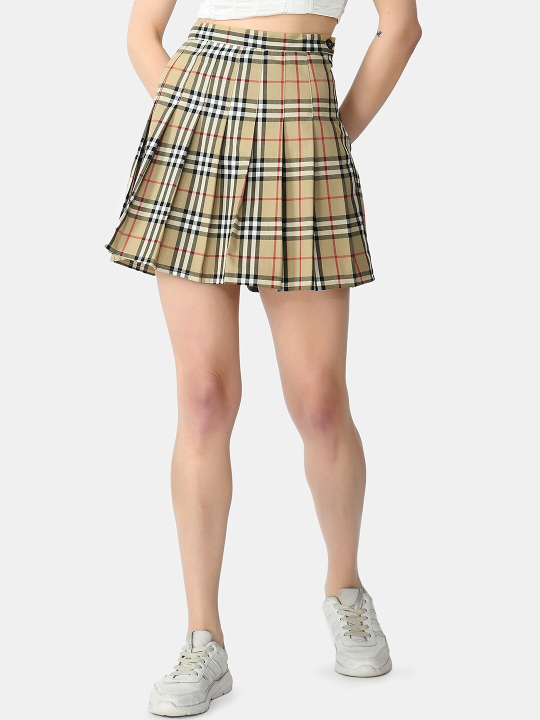 

Klart Women Cream Coloured Checked Knee Length Tennis Skirt