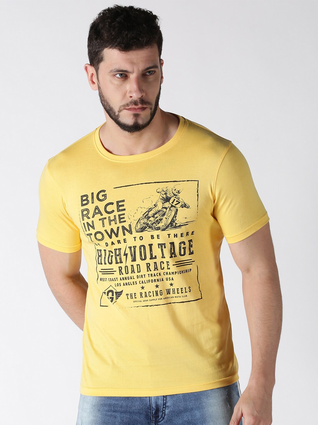 

Old Grey Men Yellow Typography Printed Slim Fit T-shirt