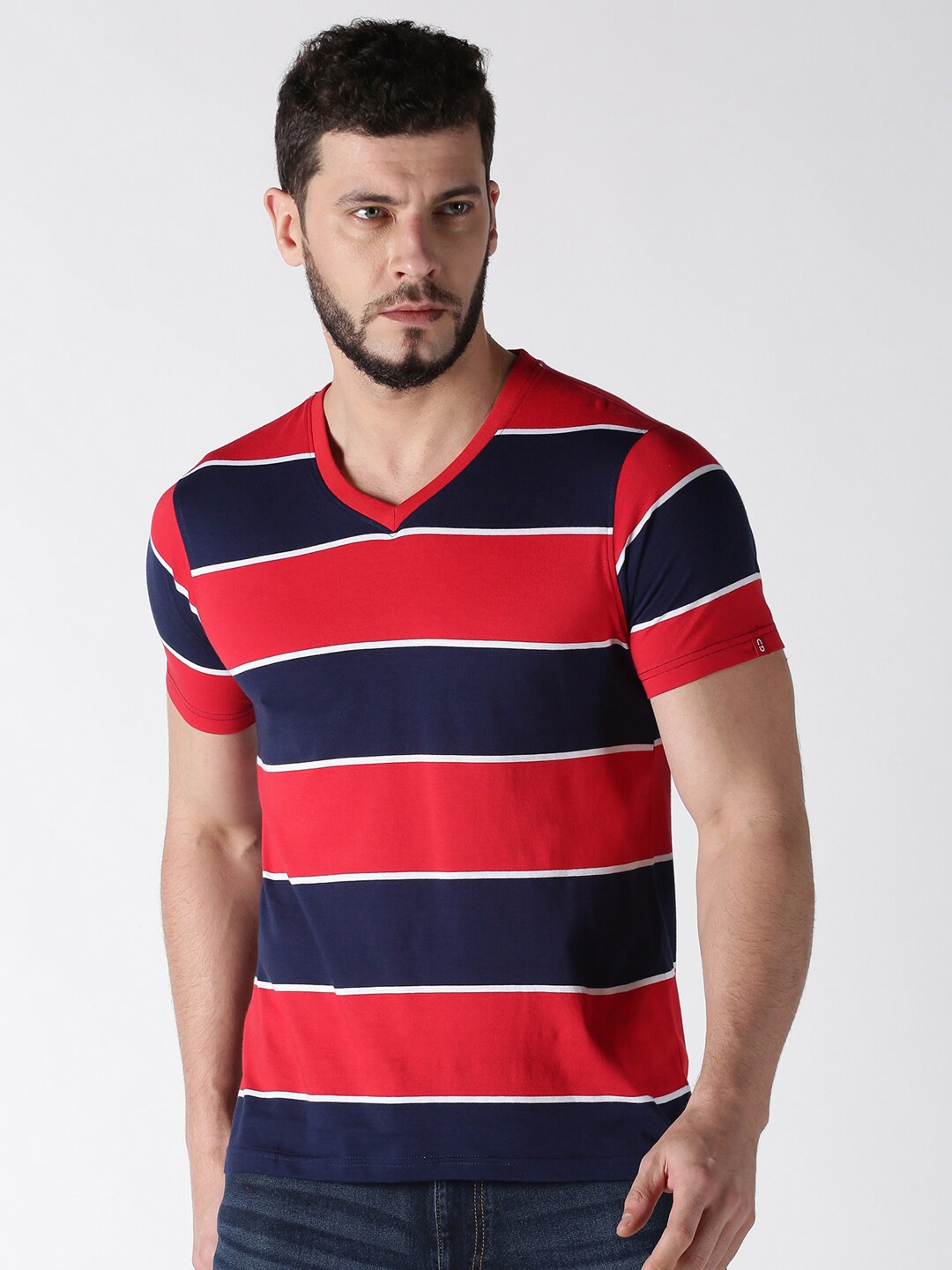 

Old Grey Men Blue Striped V-Neck Slim Fit T-shirt