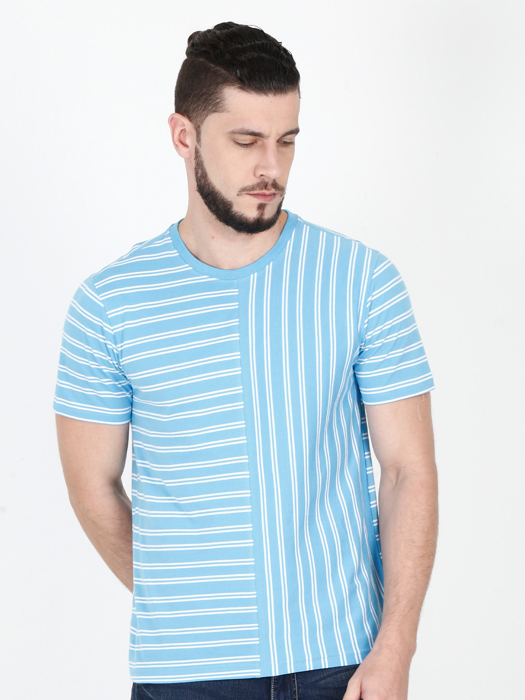 

Old Grey Men Blue Striped Slim Fit T-shirt