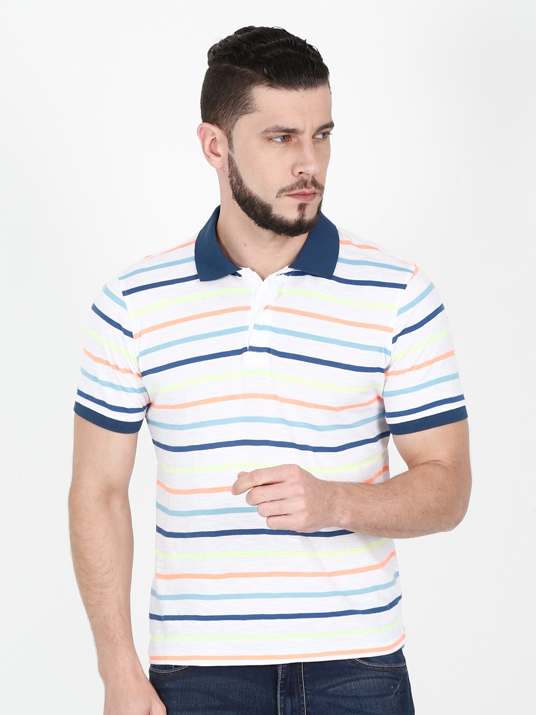 

Old Grey Men White Striped Polo Collar Slim Fit T-shirt
