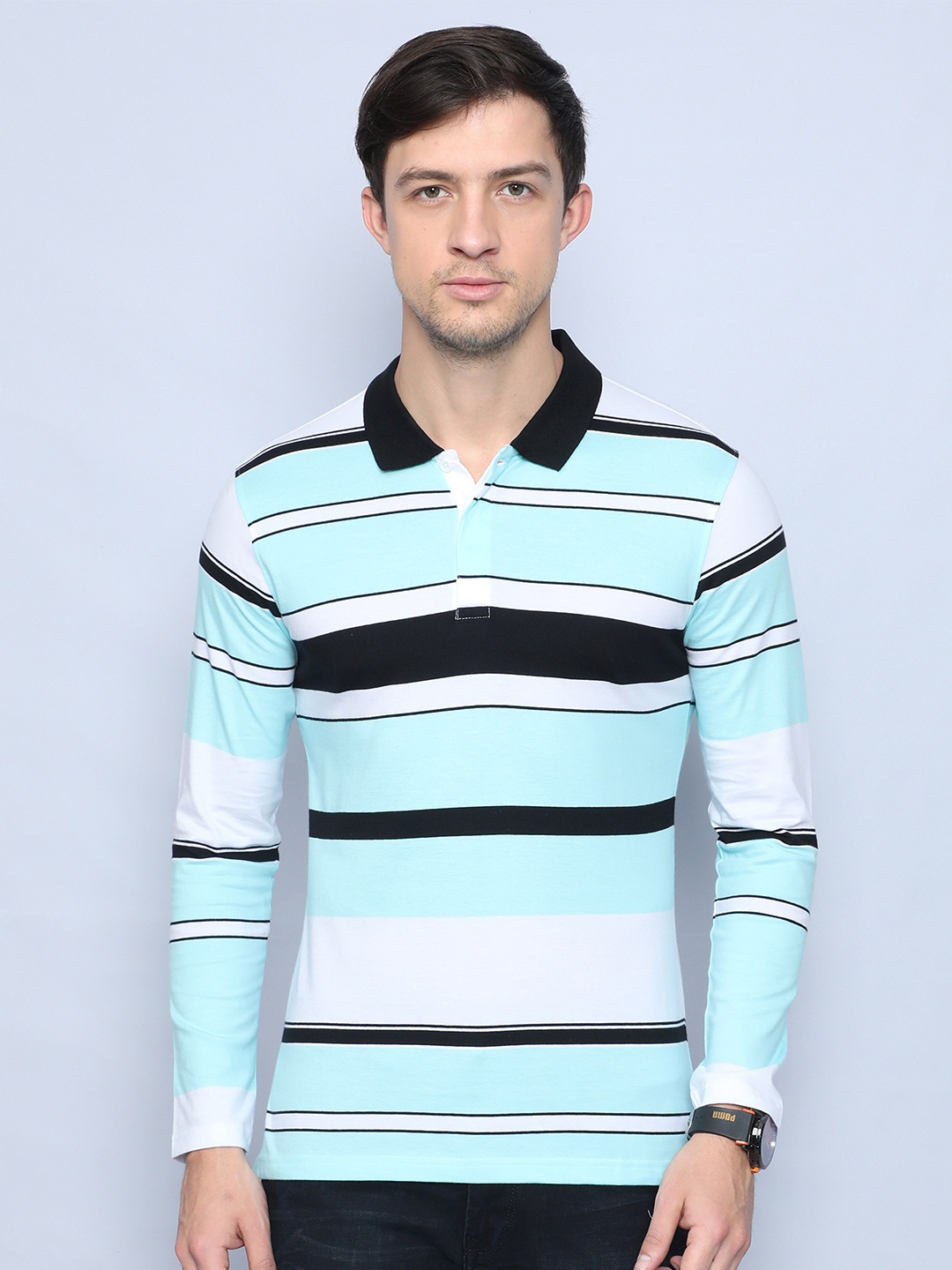 

Old Grey Men Blue & White Striped Cotton Polo Collar Slim Fit T-shirt