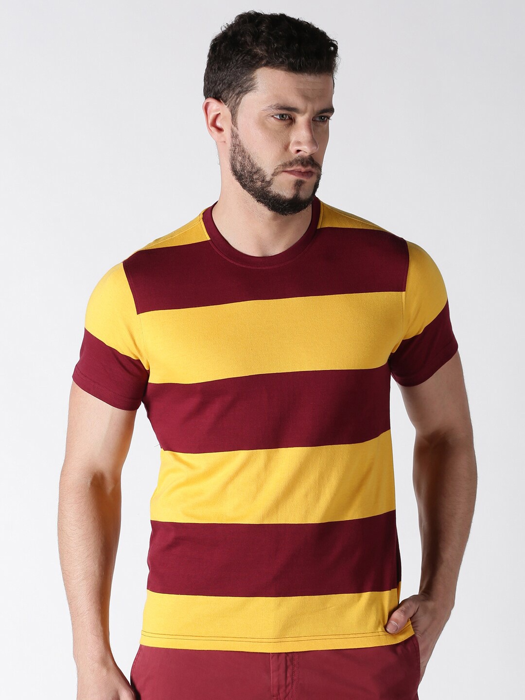 

Old Grey Men Red & Yellow Striped Slim Fit T-shirt