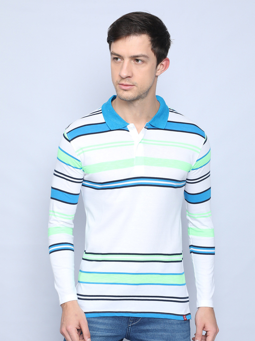 

Old Grey Men White & Blue Striped Cotton Polo Collar Slim Fit T-shirt