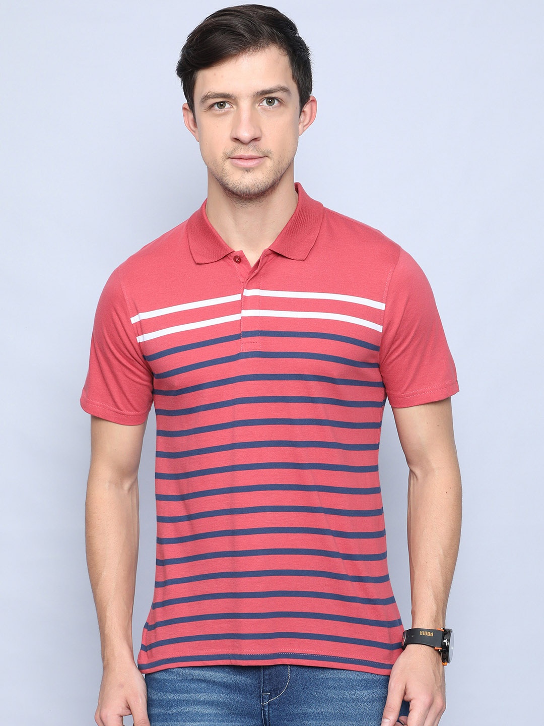 

Old Grey Men Pink & Blue Striped Polo Collar Slim Fit T-shirt