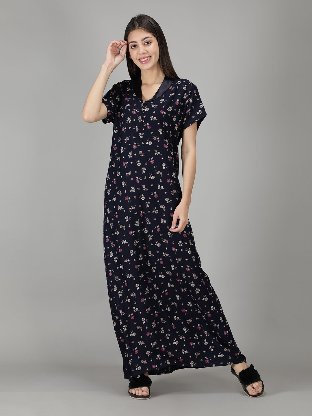 

NIGHTSPREE Blue Printed Maxi Nightdress
