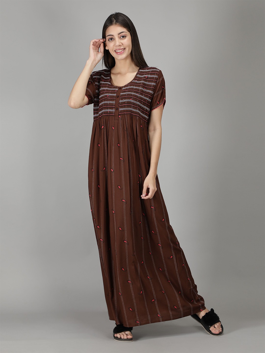 

NIGHTSPREE Brown Printed A-Line Maxi Nightdress