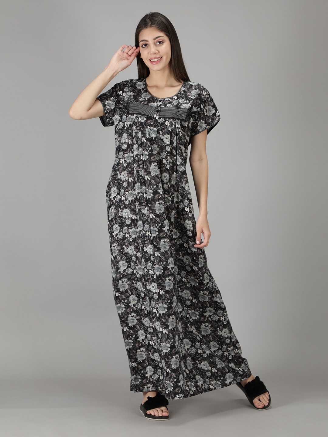 

NIGHTSPREE Black Floral Printed Maxi Nightdress