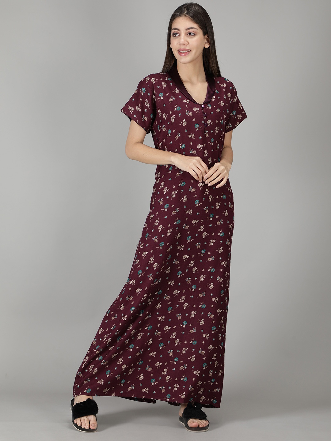 

NIGHTSPREE women's Maroon Printed Maxi Nightdress
