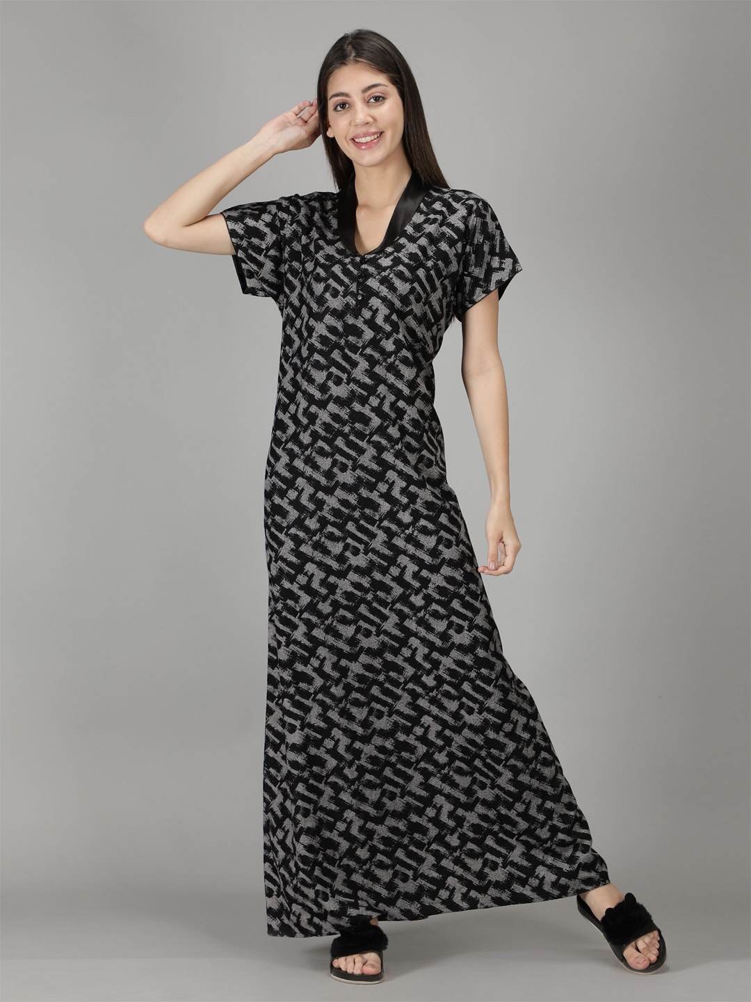 

NIGHTSPREE Black Printed Maxi Nightdress