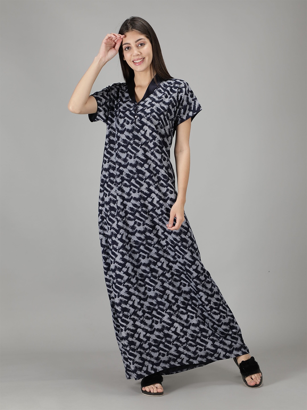 

NIGHTSPREE Women Blue Printed Cotton Maxi Nightdress