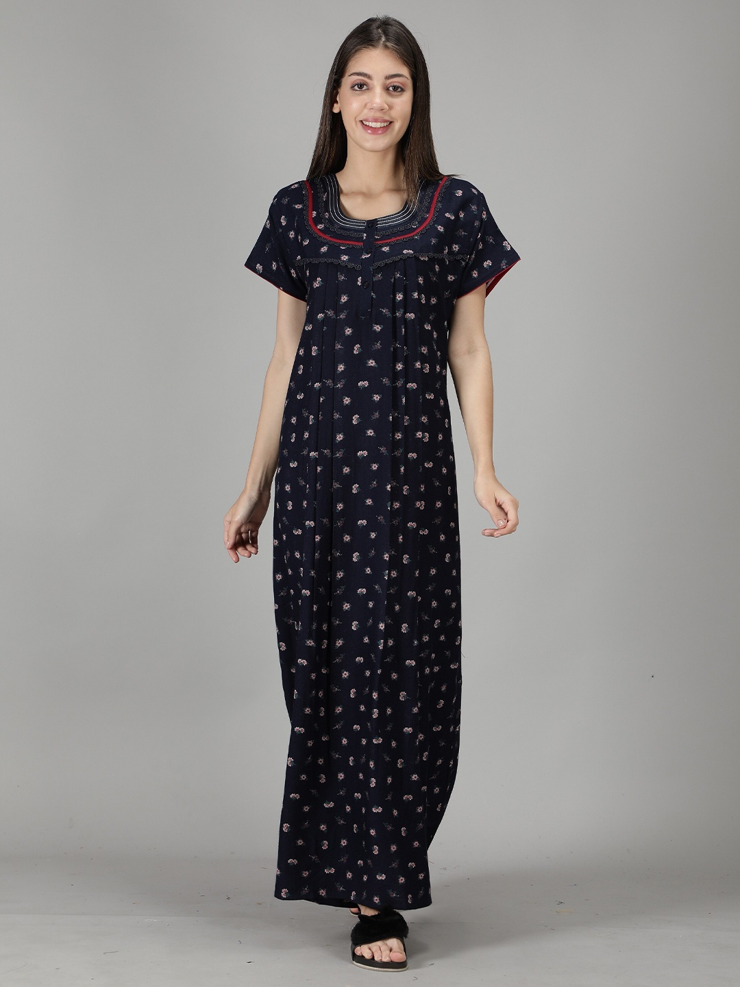 

NIGHTSPREE Navy Blue Printed Maxi Nightdress