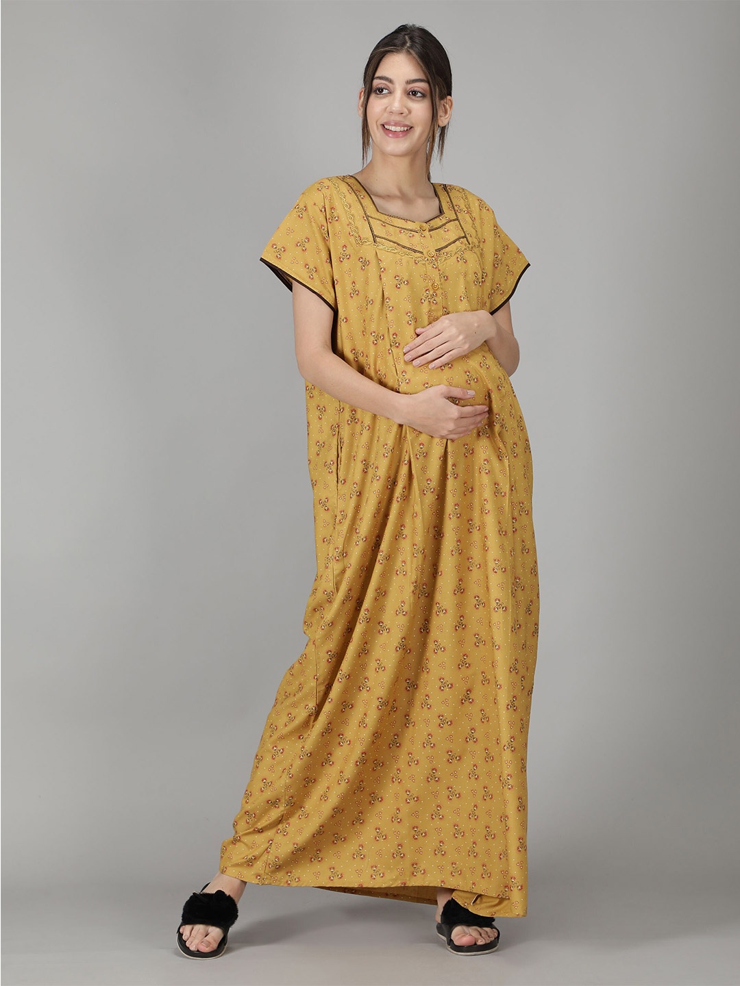

NIGHTSPREE Yellow Printed Maxi Nightdress