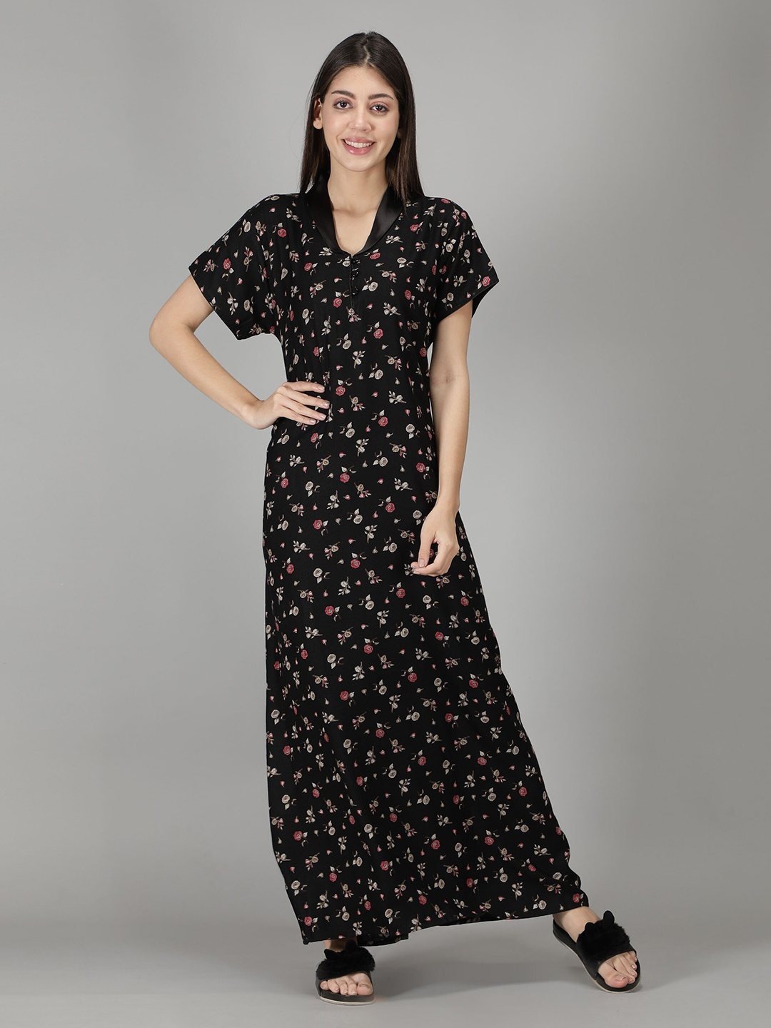 

NIGHTSPREE Women Black Printed Maxi Nightdress