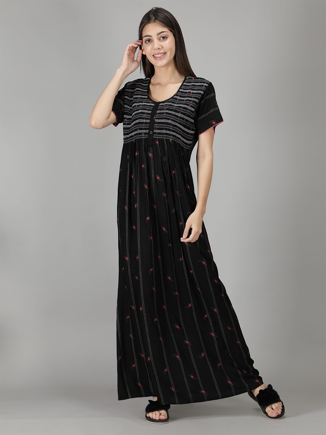 

NIGHTSPREE Women Black Printed Maxi Nightdress