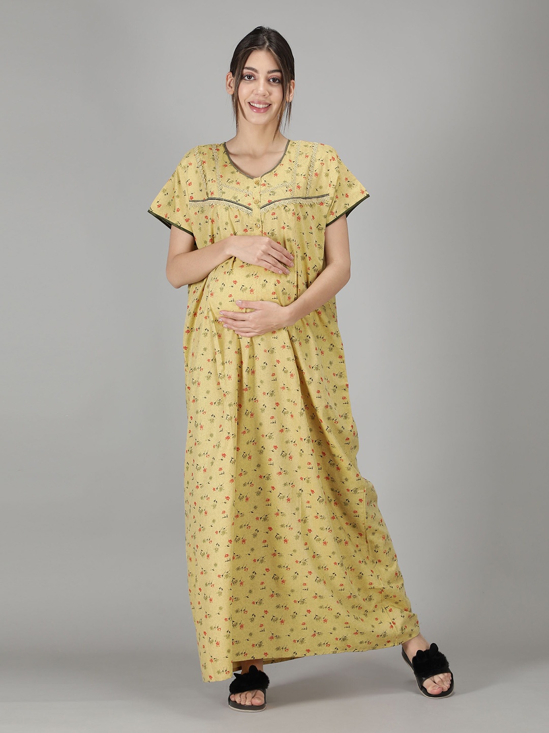 

NIGHTSPREE Women Yellow Printed Soft Cotton Maternity & Feeding Nightdress