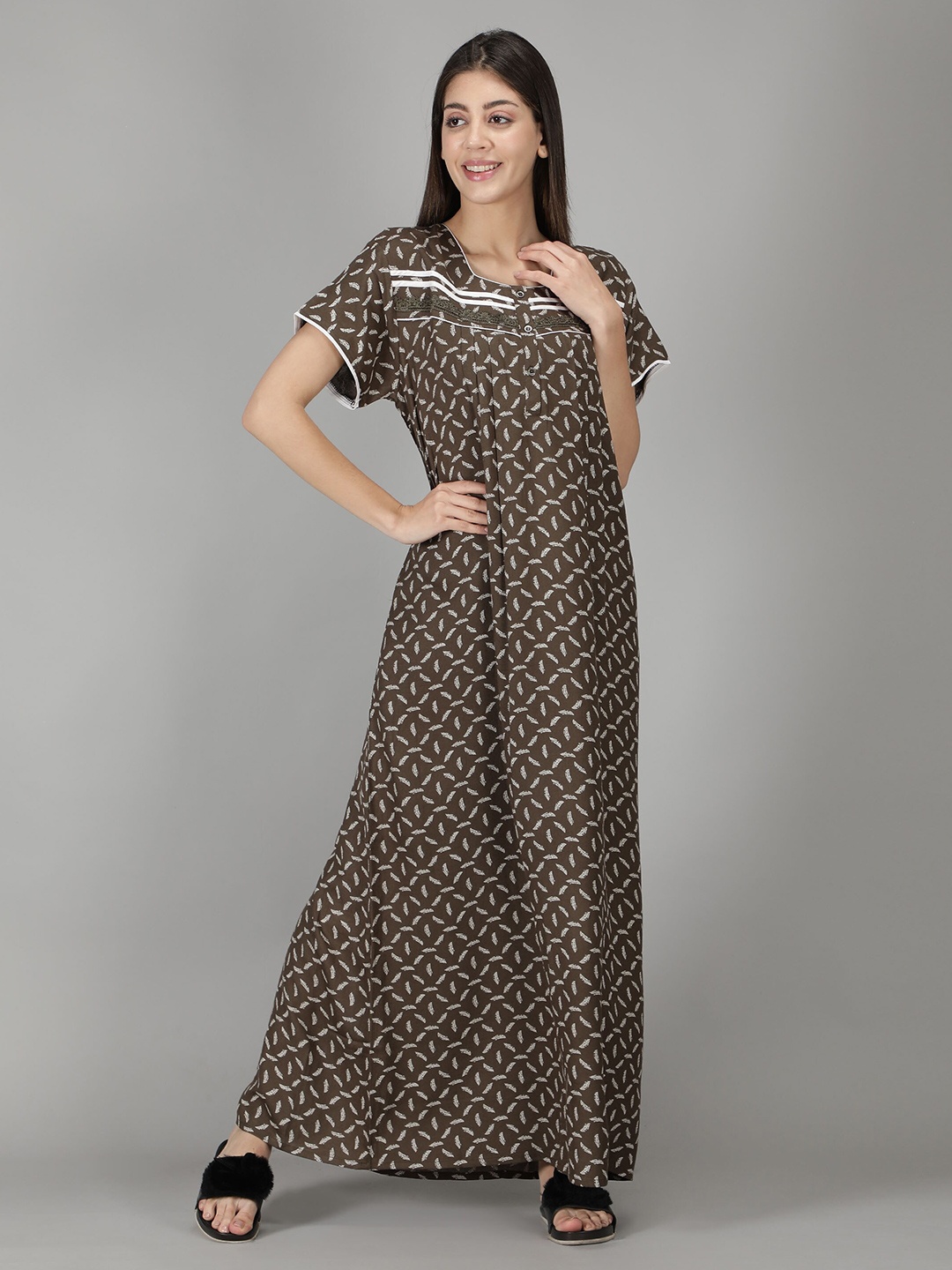 

NIGHTSPREE Coffee Brown Printed Maxi Nightdress