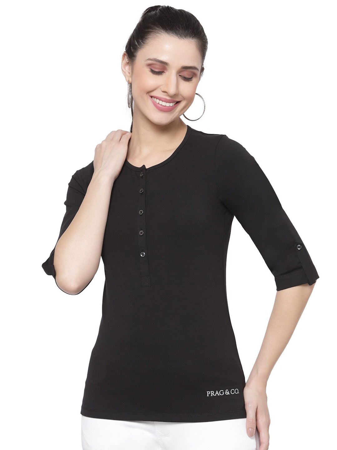 

Prag & Co Women Black Henley Neck Antimicrobial T-shirt