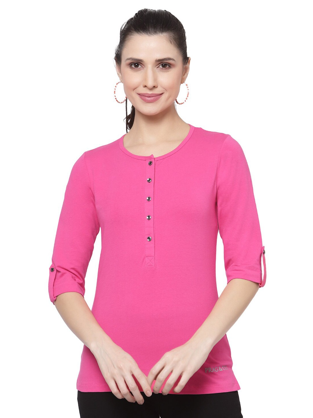 

Prag & Co Women Pink Henley Neck Roll-Up Sleeves Antimicrobial T-shirt