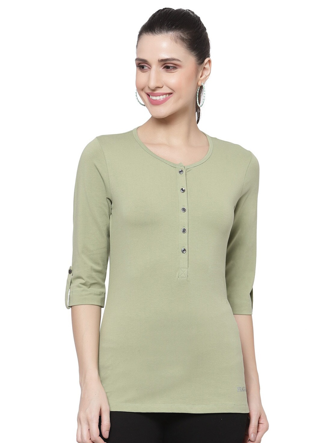 

Prag & Co Women Green Henley Neck Roll-Up Sleeves Antimicrobial T-shirt