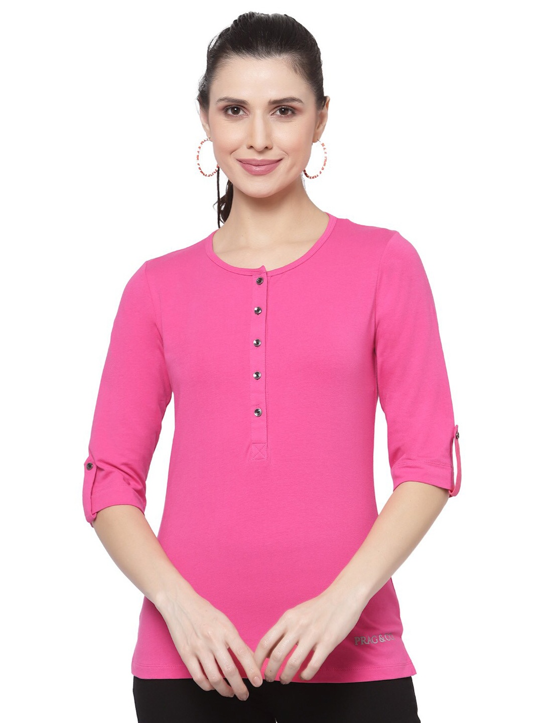 

Prag & Co Women Pink Henley Neck Roll-Up Sleeves Antimicrobial T-shirt