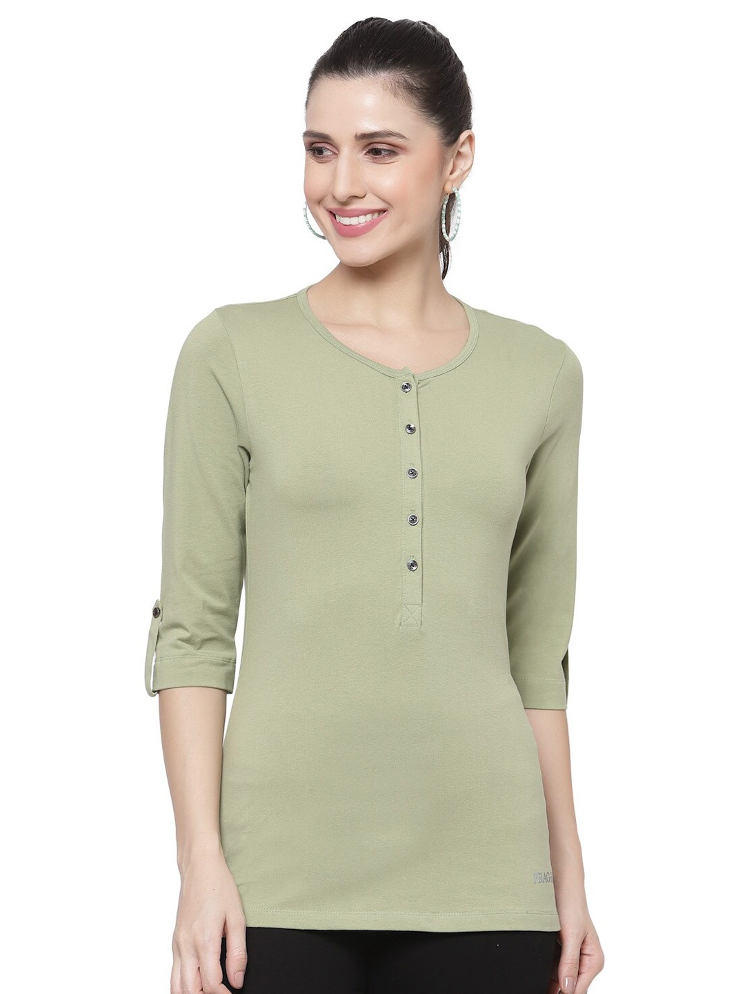 

Prag & Co Women Green Henley Neck Roll-Up Sleeves Antimicrobial T-shirt