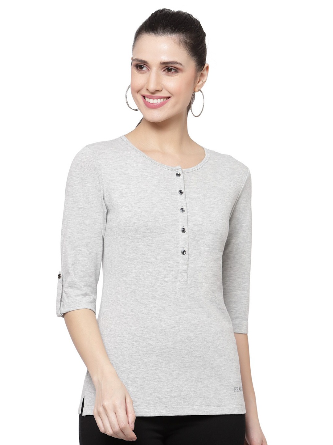 

Prag & Co Women Grey Henley Neck T-shirt