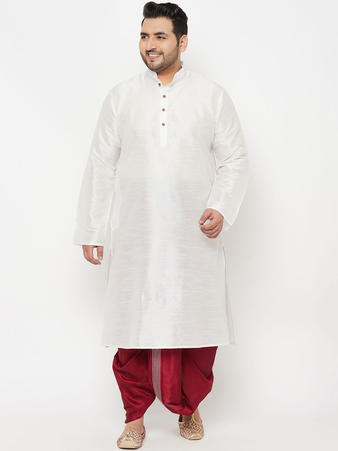 

VASTRAMAY Plus Size Men White & Maroon Kurta with Dhoti Pants