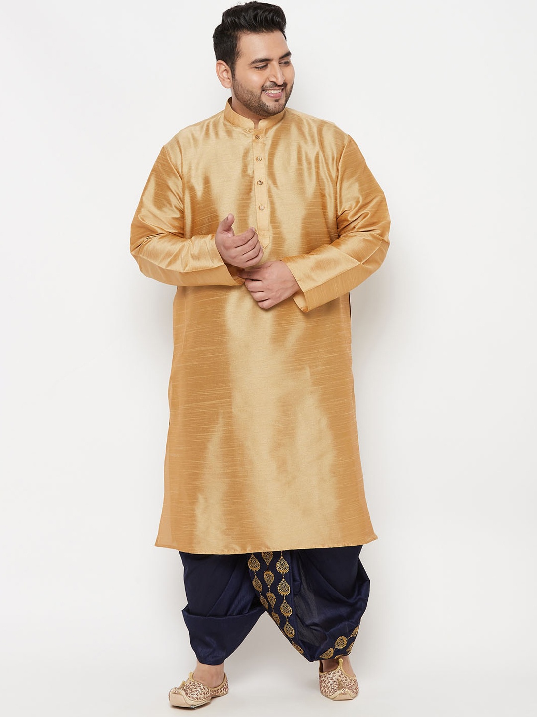 

VASTRAMAY Men Plus size Rose Gold Kurta with Navy Blue Dhoti Pants