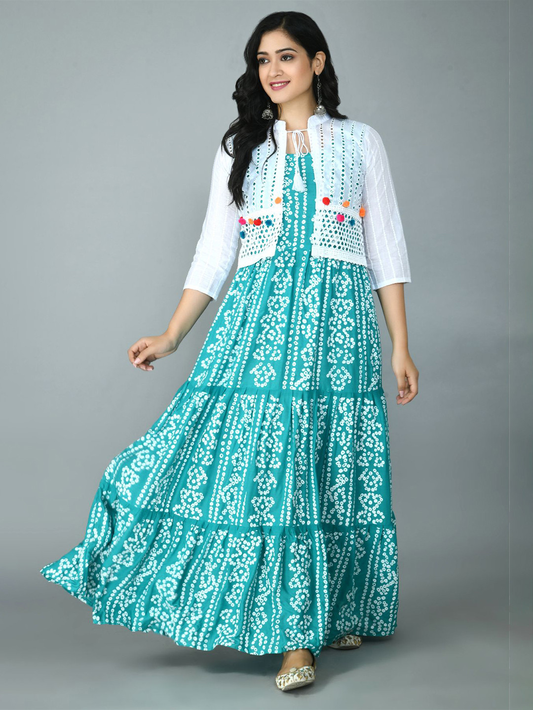 

Queenswear Creation Turquoise Blue & White Ethnic Motifs Ethnic A-Line Maxi Dress