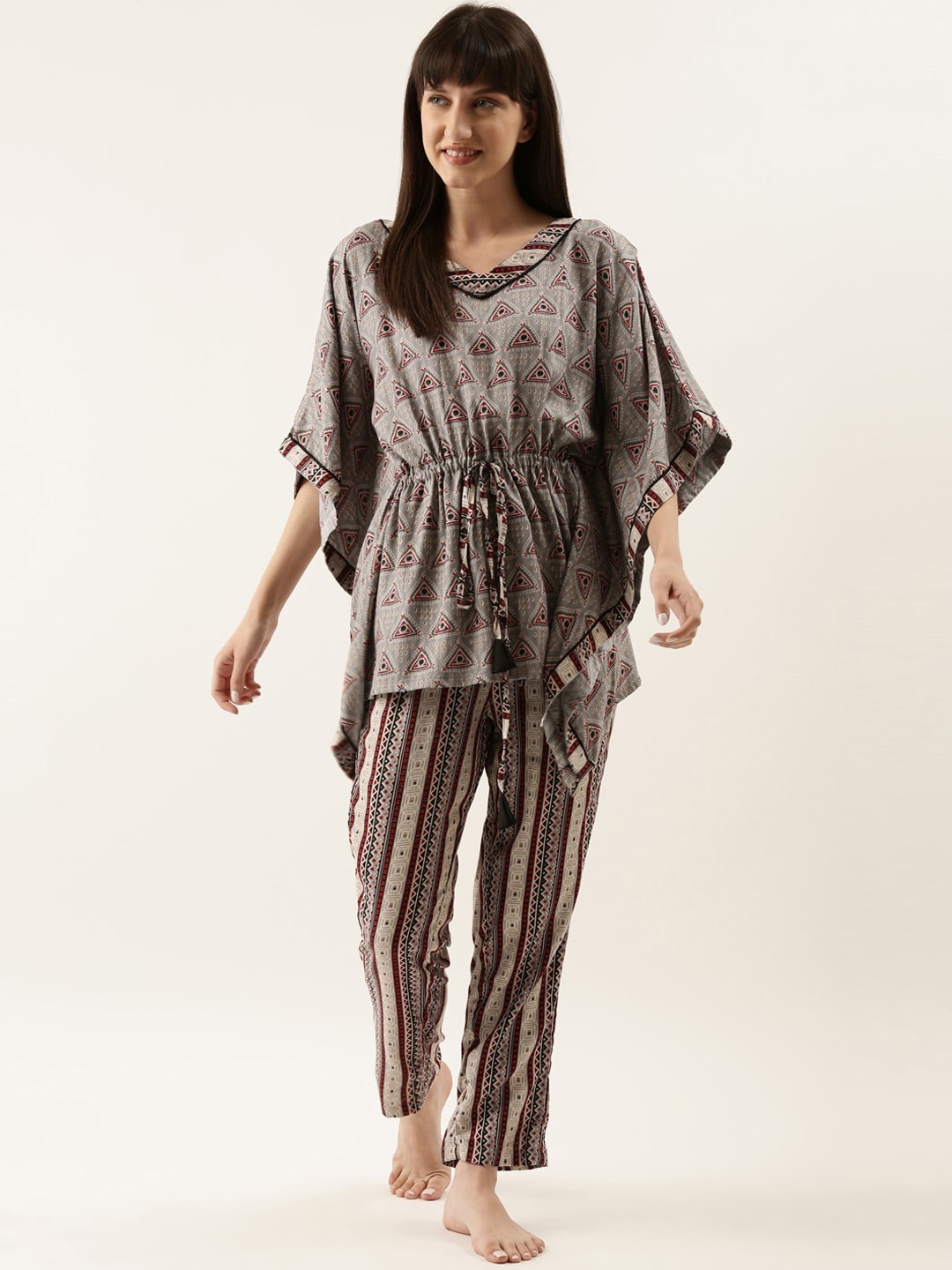 

Bannos Swagger Women Grey & Brown Printed Kaftan Night Suit