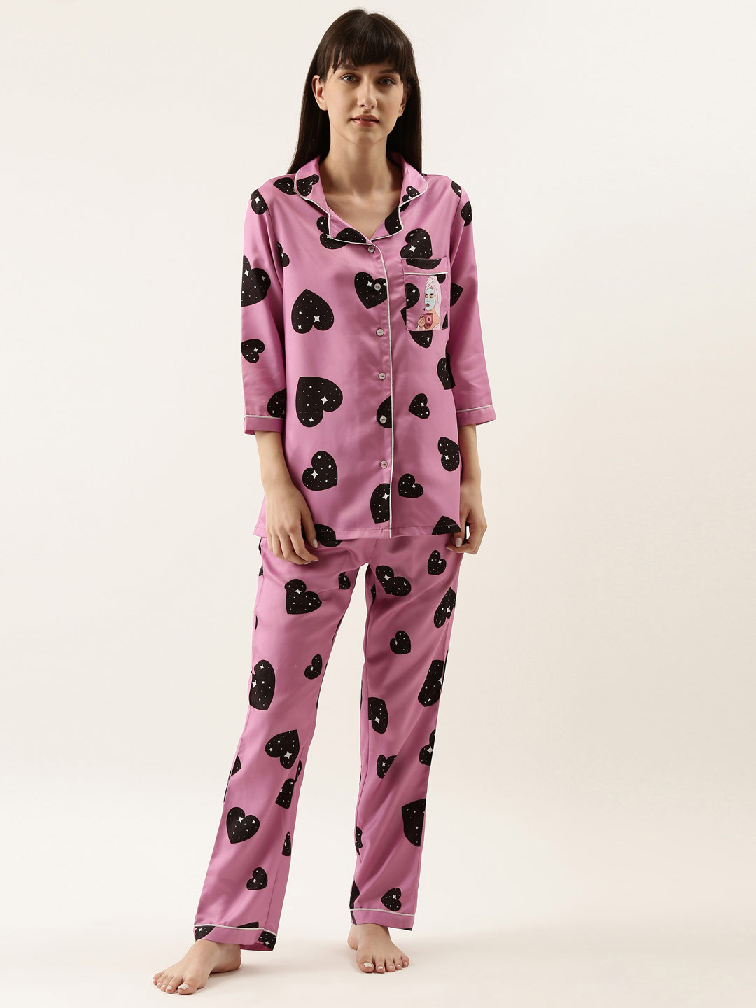 

Bannos Swagger Women Pink & Black Printed Night suit