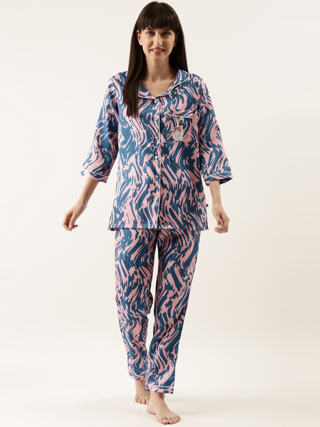 

Bannos Swagger Women Pink & Blue Printed Night Suit