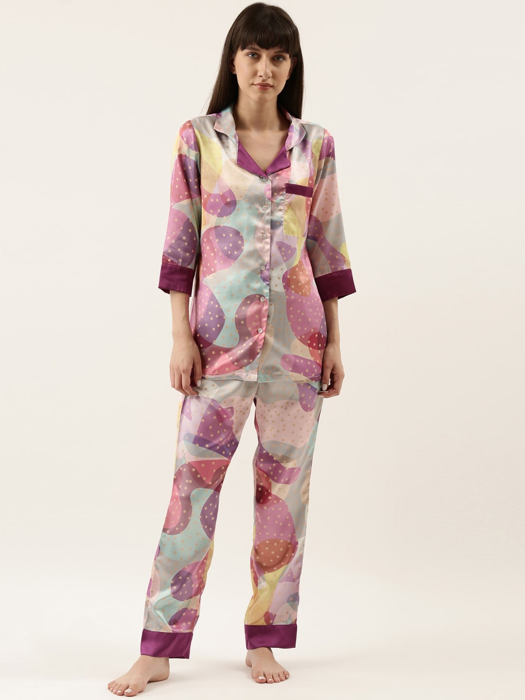 

Bannos Swagger Women Pink & Green Printed Night suit