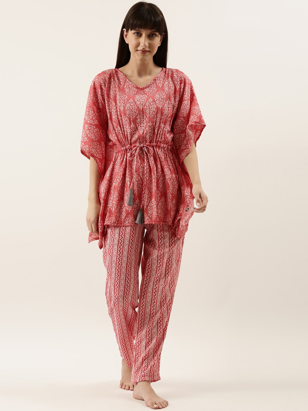 

Bannos Swagger Women Pink & White Printed Kaftan Night Suit