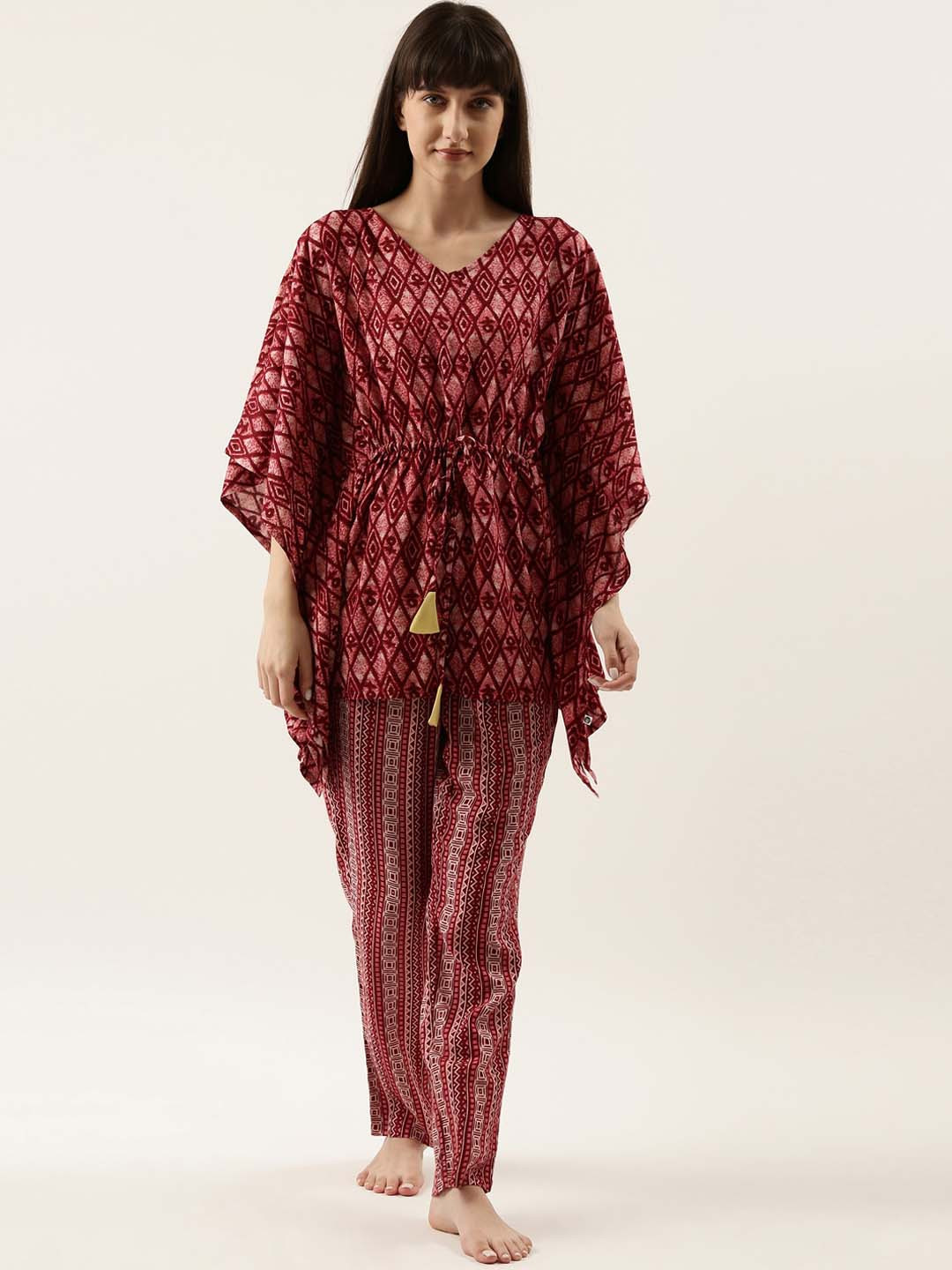 

Bannos Swagger Women Red Printed Kaftan Set Night Suit