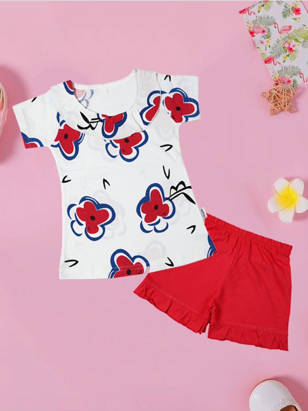 

CATCUB Girls Red & White Printed Top with Shorts