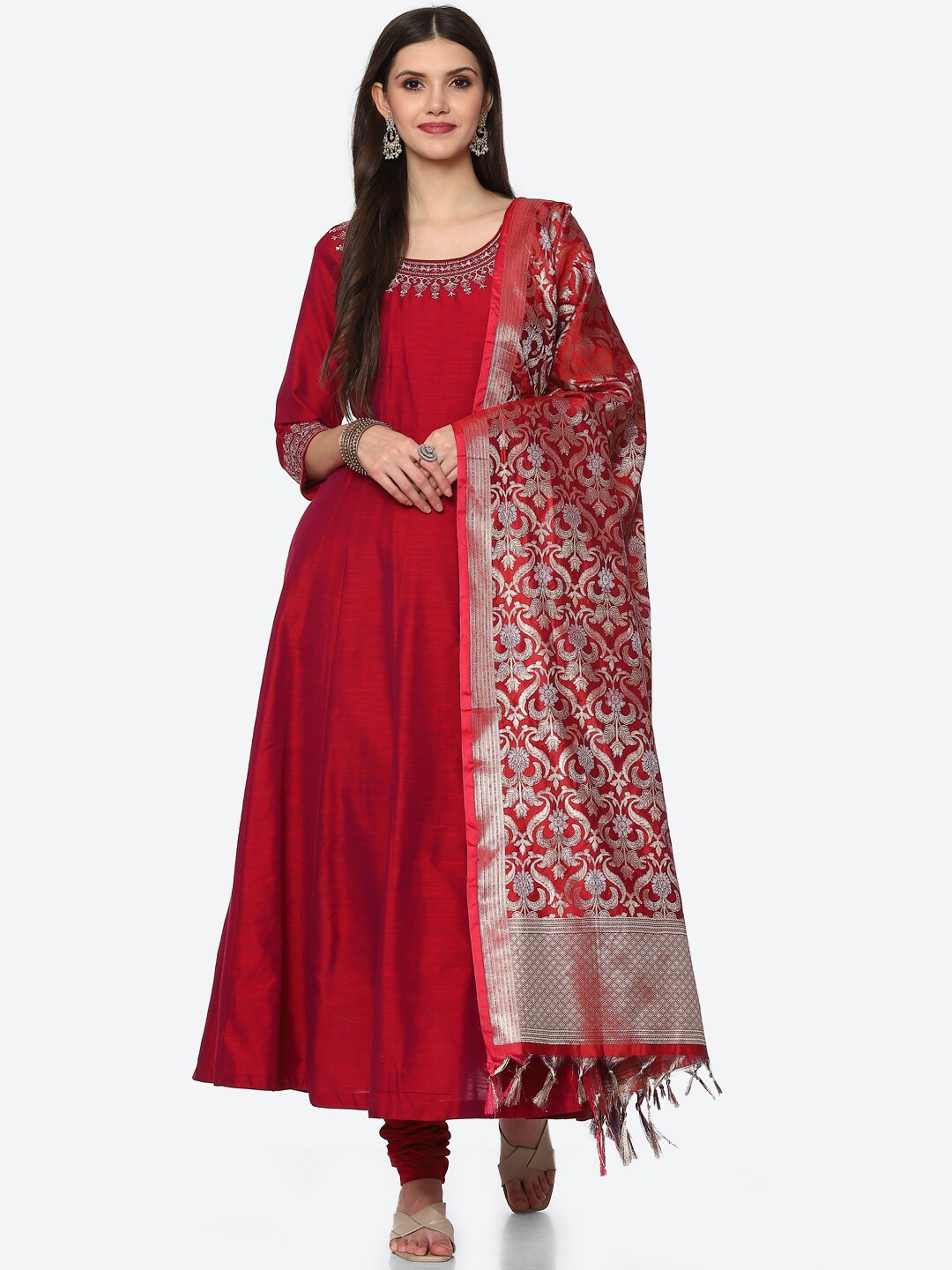 

Biba Women Magenta Ethnic Motifs Embroidered Kurta with Churidar & With Dupatta