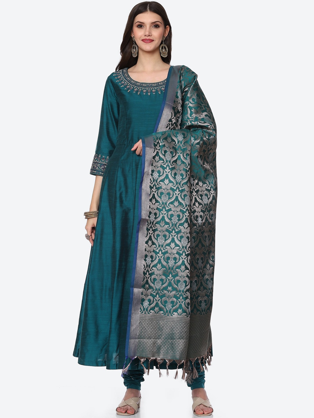 

Biba Women Teal Embroidered Empire Thread Work Kurti with Churidar & With Dupatta